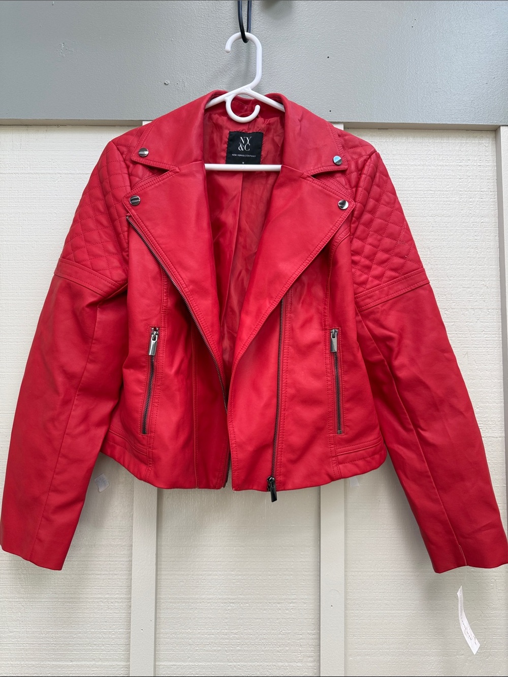 New York & Company Red Quilted Moto Leather Jacket